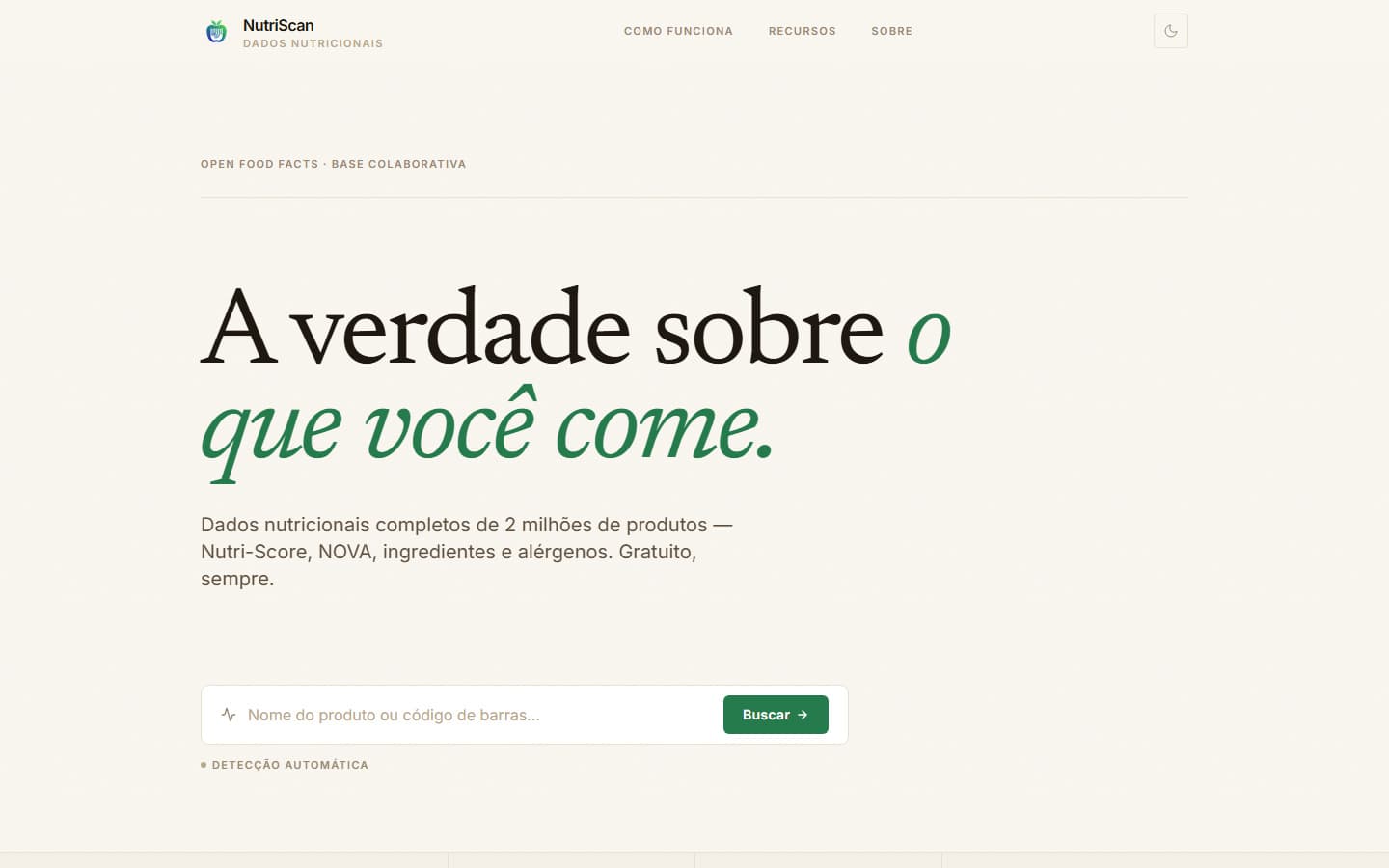 Aplicação NutriScan aberta no navegador com interface de análise nutricional