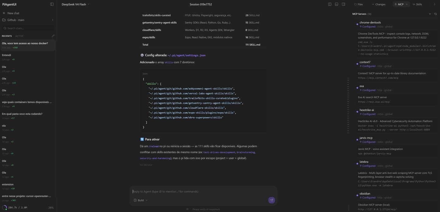 Interface do PiAgentUI com chat de agente de IA e painel lateral de MCP