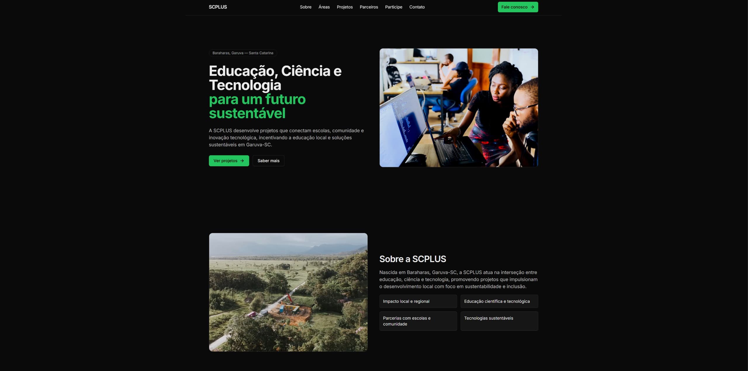 Captura da página inicial da SCPLUS com fundo preto e destaques em verde