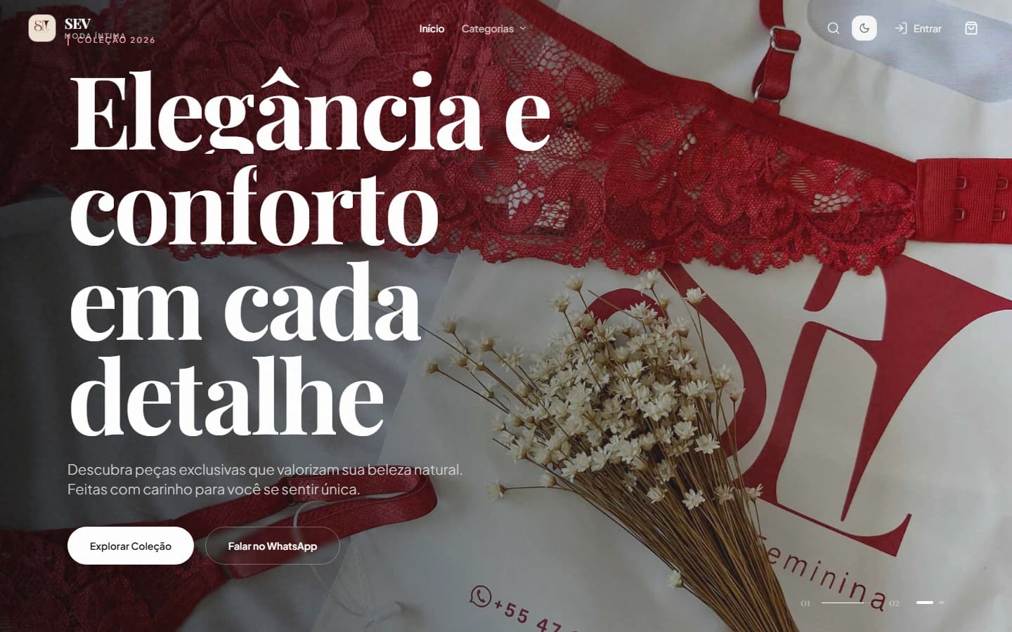 Página inicial da SEV Moda Íntima com navegação, chamada de coleção e produtos em destaque